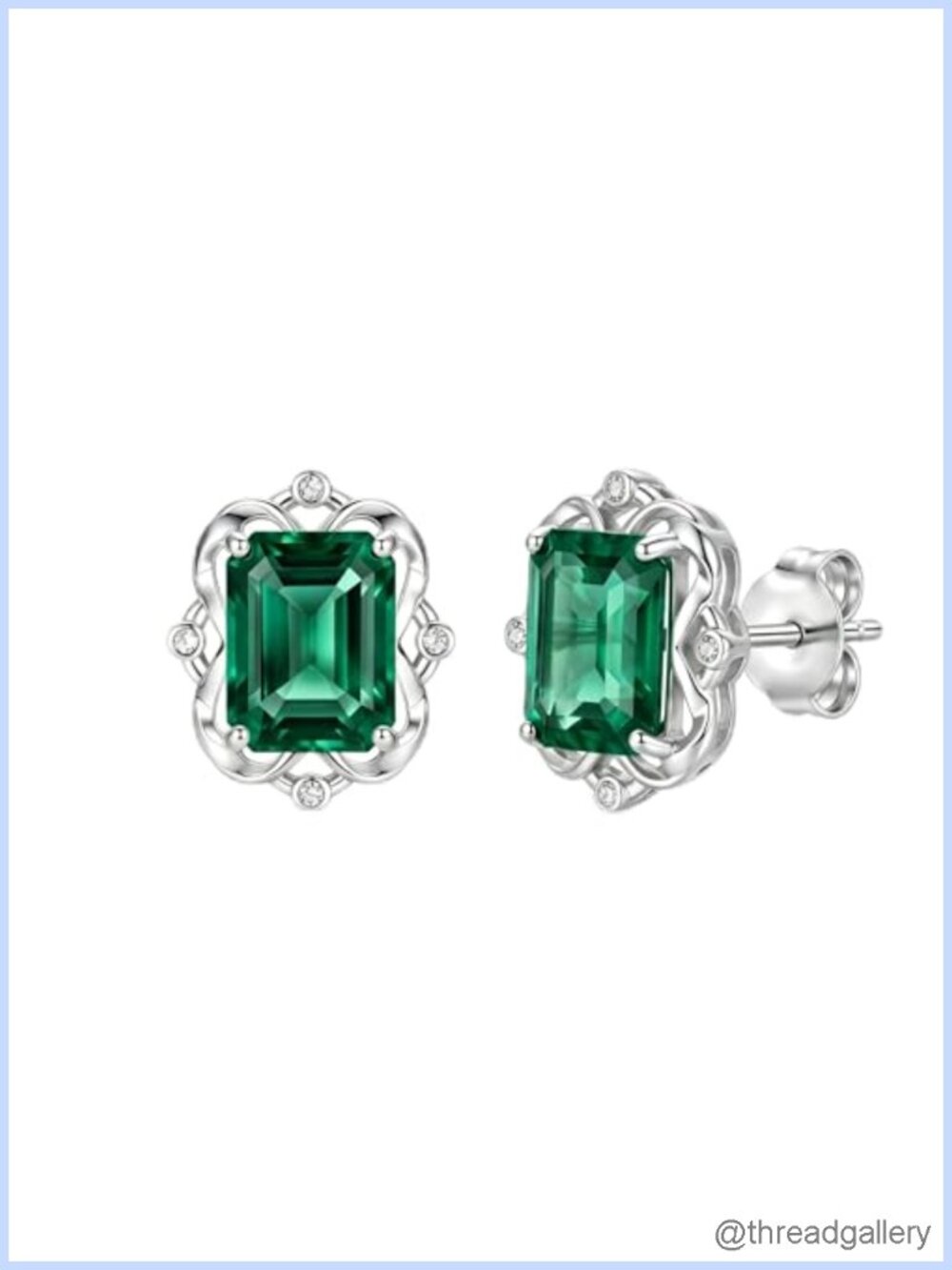 Sterling Silver Diamond & Emerald Stud Earrings Filigree